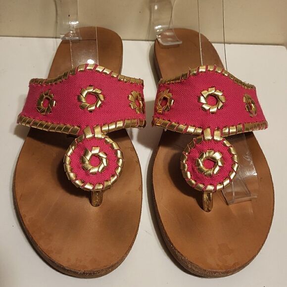 Jack Rogers "Navajo" Pink Leather w/Gold Whipstich Thong Sandals Sz.6. Ret $108 - Picture 1 of 5